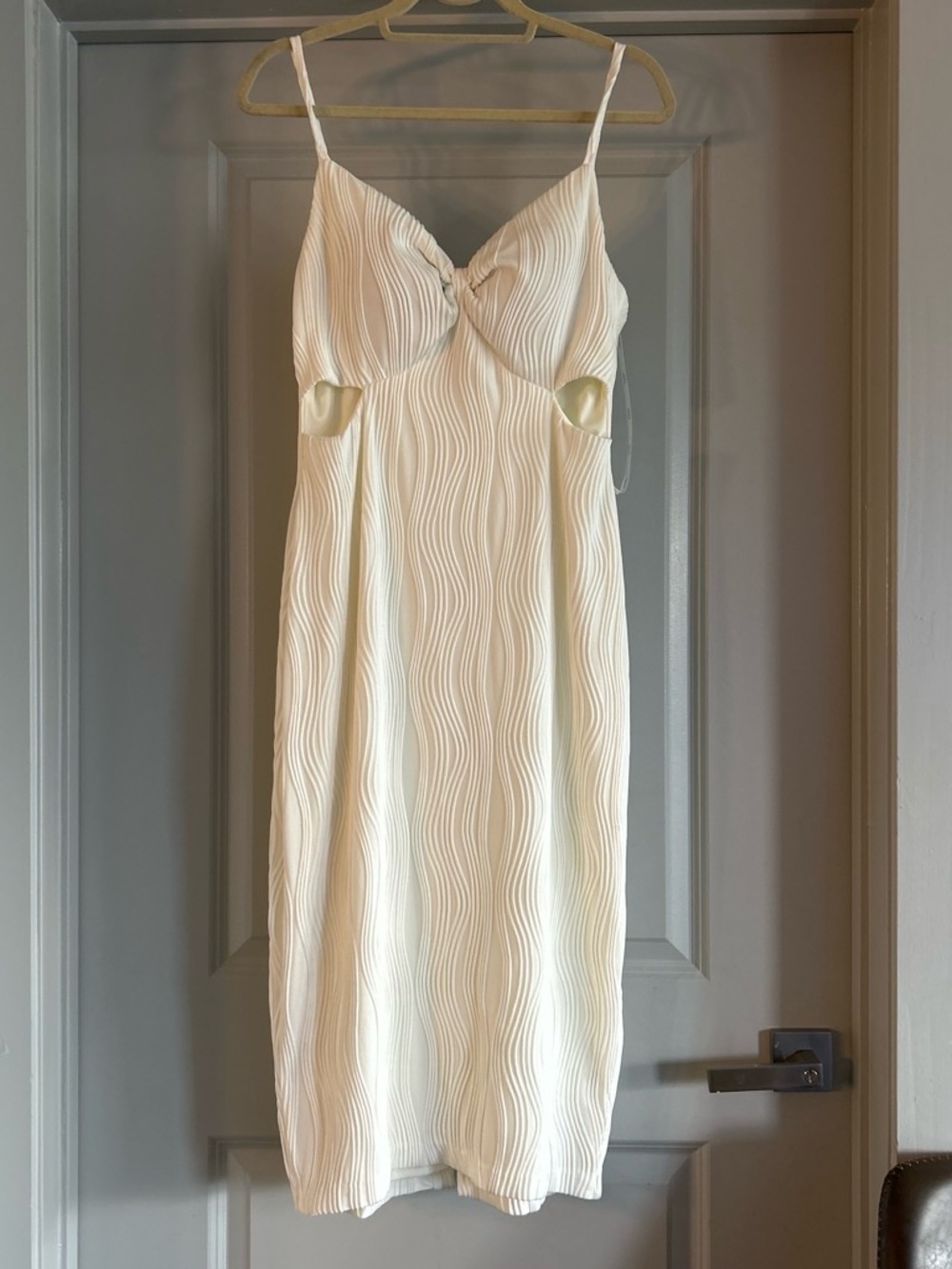 Ivory Midi Dress with Textured Wave Knit and Cutout Detail